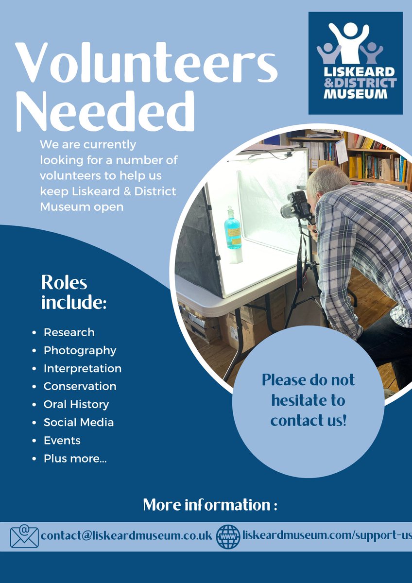 liskeard_museum's tweet photo. We're looking for new volunteers to join our team!

If you're interested in local history and can spare one day a week to help keep us open and running, we'd love to hear from you!

Find out more, and download an application form 👇
https://t.co/F4PL3Olicf https://t.co/PEJlDR9EKN
