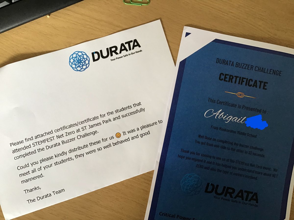 MonkseatonMid's tweet image. 🏆🌟🌿What a lovely surprise in the post today! So proud of our students &amp;amp; the excellent impression they made on exhibitors at #STEMFESTNETZERO &amp;amp; particularly Abigail in 7V, with this certificate for her speedy buzzer challenge with @DurataUK Bravo! 🌟@rtcstem #tocareandsucceed