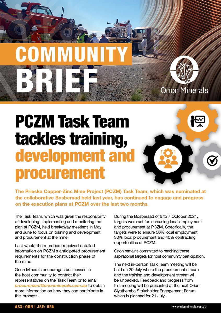 OrionMinerals's tweet image. ORION MINERALS COMMUNITY BRIEF
PCZM Task Team tackles training, development and procurement. 

Read the full brief here - orionminerals.com.au/wp-content/upl…
#OrionMinerals #PrieskaProject