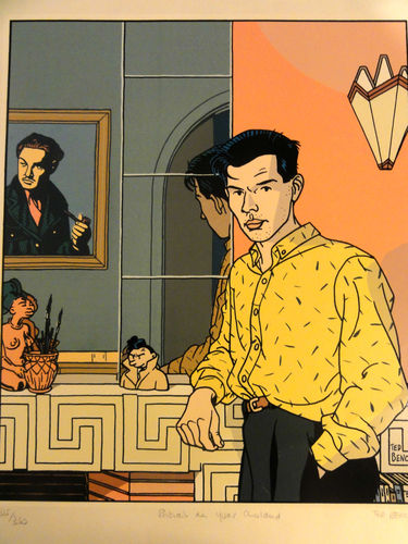 HadoqueD's tweet photo. #TedBenoit hace incluso aparecer al actor protagonista #RobertDonat, retratado en esta viñeta. En este retrato que Benoit hizo al mencionado antes #YvesChaland aparece #RobertDonat, pero en el espejo. https://t.co/fxb6m2Us5E