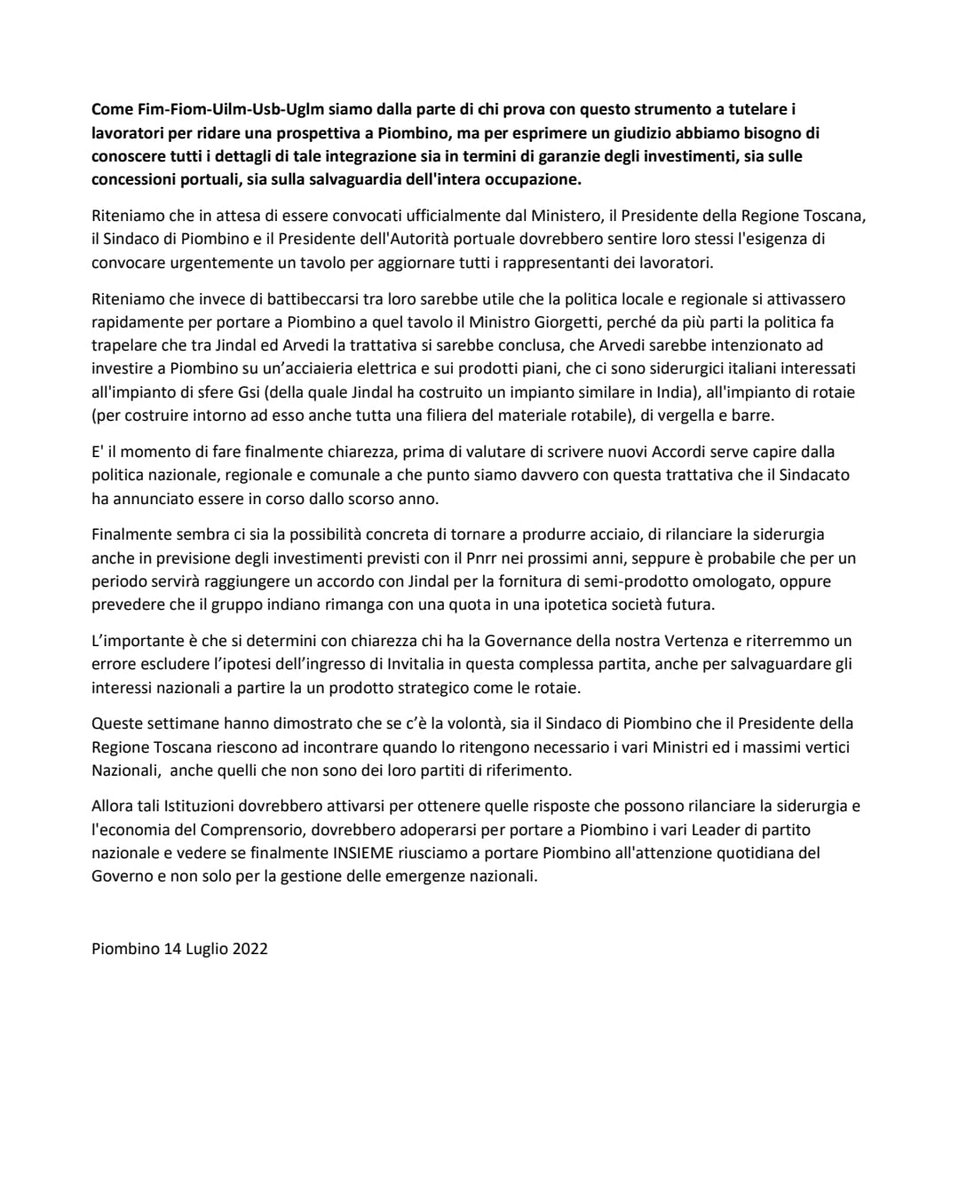 UilmP's tweet photo. #piombino #siderurgia Comunicato Sindacale Unitario
"Basta giocare sulla pelle dei lavoratori e della siderurgia con continui comunicati stampa, il comprensorio ha bisogno di una politica seria ed unita".#uilm @Fusco__Lorenzo @vincenzorenda4 @UilmNazionale https://t.co/ZNGeJDW10t
