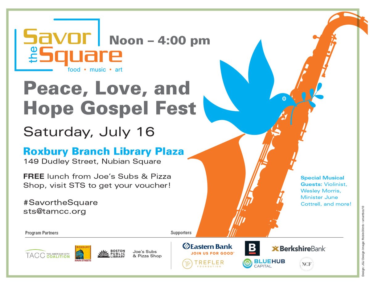 Boston ElderINFO (@bostonelderinfo) on Twitter photo #SavortheSquare comes to #Roxbury this Saturday (7/16) from 12Noon to 4PM. Come by for musical performances & FREE lunch
<a href="/BPLBoston/">Boston Public Library</a>, <a href="/TACC_Boston/">The American City Coalition (TACC)</a>, <a href="/RoxburyMainSt/">Roxbury Main Streets</a>, <a href="/BerkshireBank/">Berkshire Bank</a>, <a href="/Trefler_Fdn/">Trefler Foundation</a> #SavortheSquare comes to #Roxbury this Saturday (7/16) from 12Noon to 4PM. Come by for musical performances & FREE lunch
<a href="/BPLBoston/">Boston Public Library</a>, <a href="/TACC_Boston/">The American City Coalition (TACC)</a>, <a href="/RoxburyMainSt/">Roxbury Main Streets</a>, <a href="/BerkshireBank/">Berkshire Bank</a>, <a href="/Trefler_Fdn/">Trefler Foundation</a>