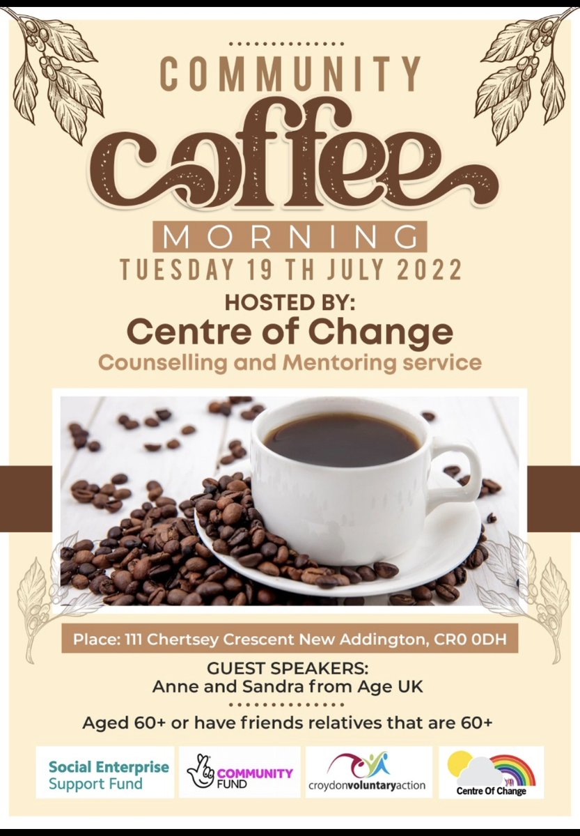 Centreofchange1's tweet photo. Age 60+?
Come and join us for a coffee and a chat.

Guest speakers from Age UK https://t.co/ZXWAx6i0pE