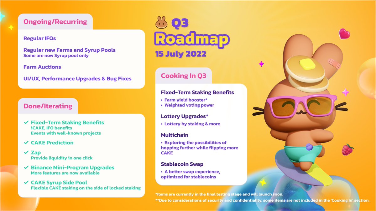 📝 #PancakeSwap Q3 Roadmap

🐇  Check out these incredible items on the roadmap while bunny-hopping into the second half of 2022. 

💬 Want to learn more? Stay tuned for the upcoming Kitchen AMA!