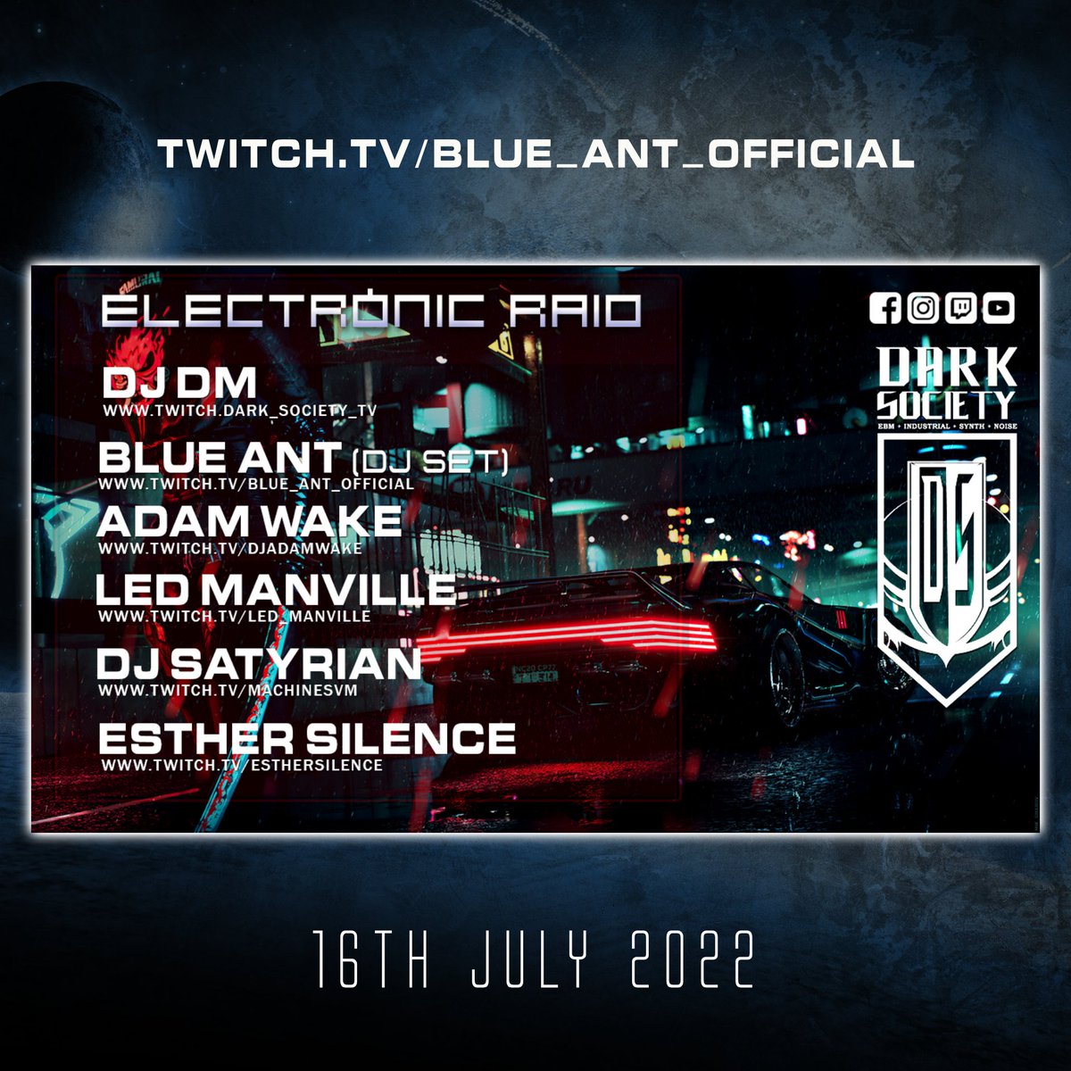BlueAntMusic's tweet photo. Saturday 16th July 2022
2 hours of DJ Set (RAID MODE)
https://t.co/57bQDAcJkb
Start:
8 pm CEST
3 pm ART
2:00 pm EDT
11:00 am PDT
6:00 pm GMT
#dj #djset #industrial #aggrotech #powernoise #hardh #darkelectro #blueantmusic #followblueant #industrialmusicelectronics #cybergoth https://t.co/IA6tgmdeEL