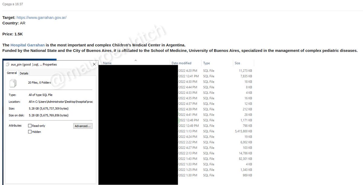 Una filtración masiva del Hospital Pediátrico #Garrahan fue puesta a la venta en un foro especializado.

El #leak contiene unos 5GB de bases de datos SQL con información de pacientes y tratamientos.

#Ciberseguridad #Infosec #Cibercrimen #filtraciones Via <a href="/MauroEldritch/">Mauro Eldritch 🏴‍☠️</a>