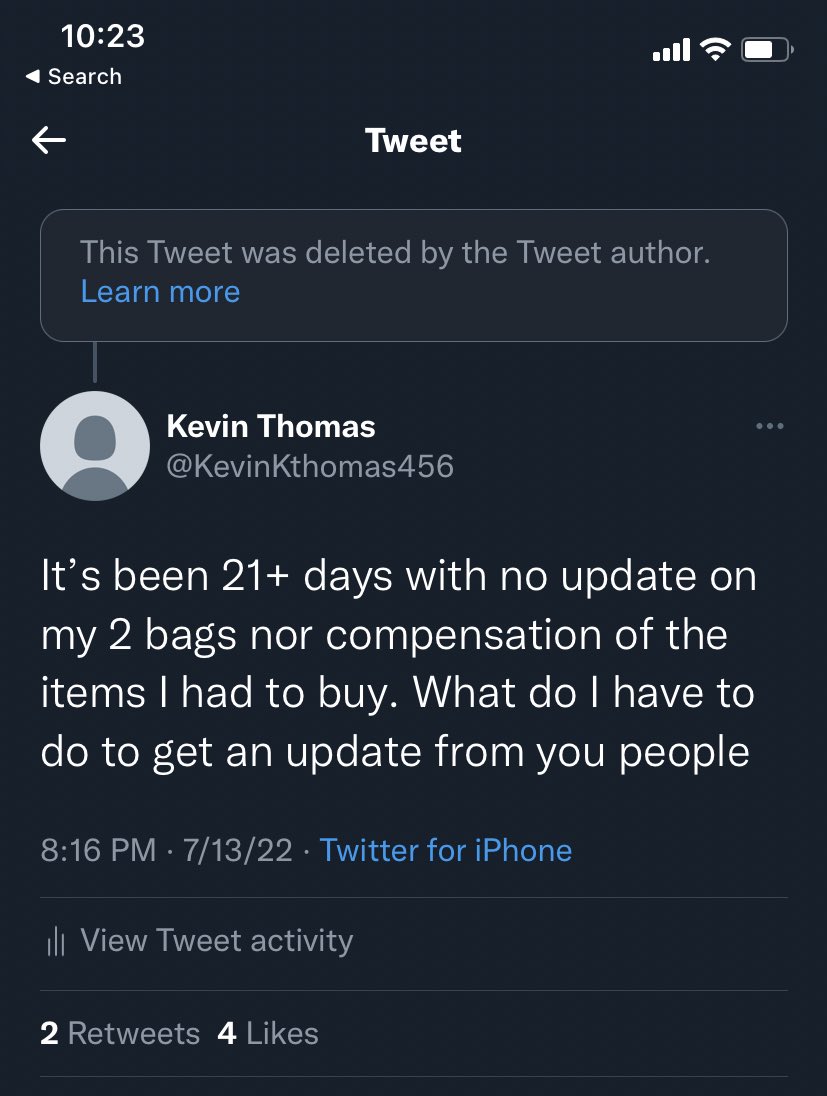 KevinKthomas456's tweet photo. @lufthansa decides to delete their tweet on delayed baggage after all the customer complaints. Keep up the good work guys 👏🏾 will make sure to tell everyone I know to avoid flying with you. https://t.co/ENutYC7JQI