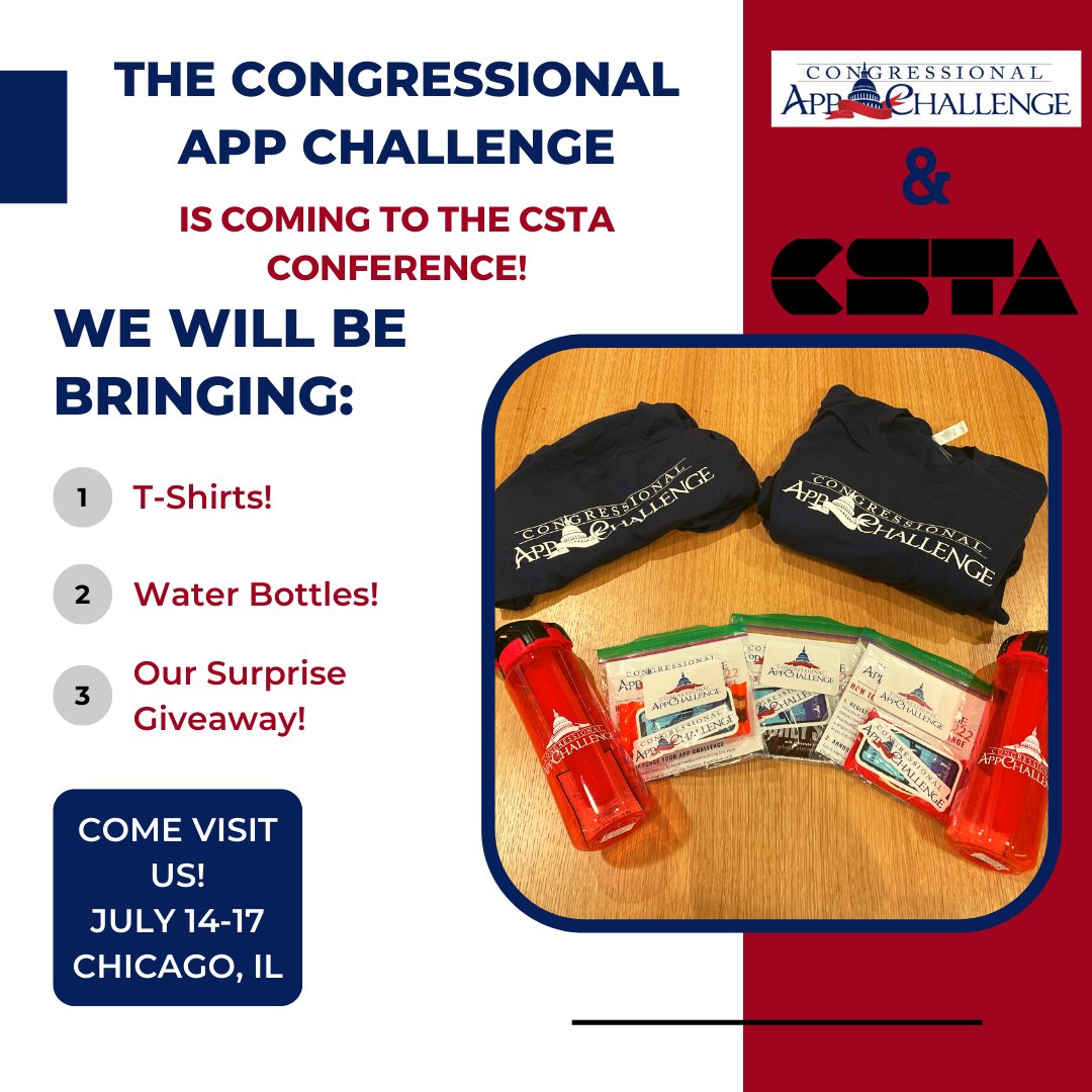 The @CongressionalAC team is at #CSTA2022 in Chicago to speak with @csteachersorg! The team is excited to see everyone and will be handing out free items (as well as a surprise giveaway)! Make sure to stop by and find out how #CS students can #CodeforCongress.