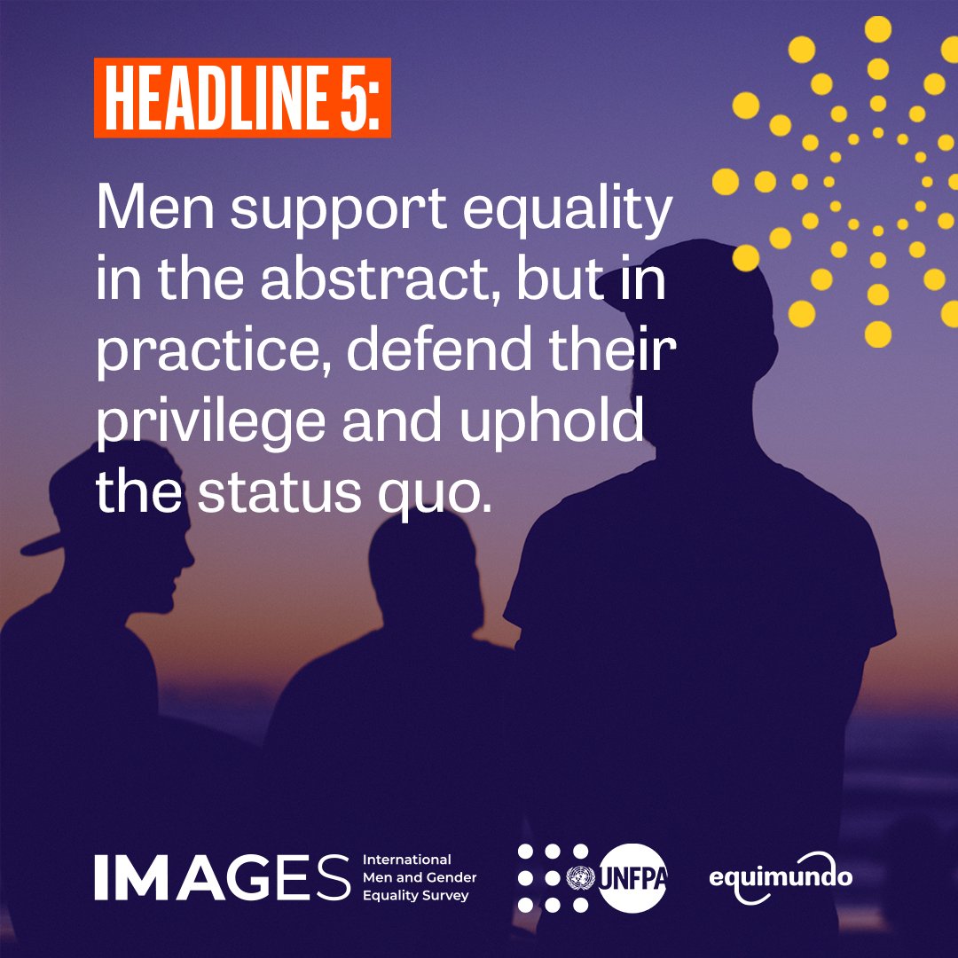 equimundo_org's tweet photo. After 15 years of studying what men think about gender equality, we pulled out 15 key headlines.
Headline 5️⃣: Many men support equality in the abstract, but in practice, defend their privilege and uphold the status quo.
#IMAGES15 #masculinities https://t.co/iJYqGk1OCV https://t.co/eP6tH92MuW