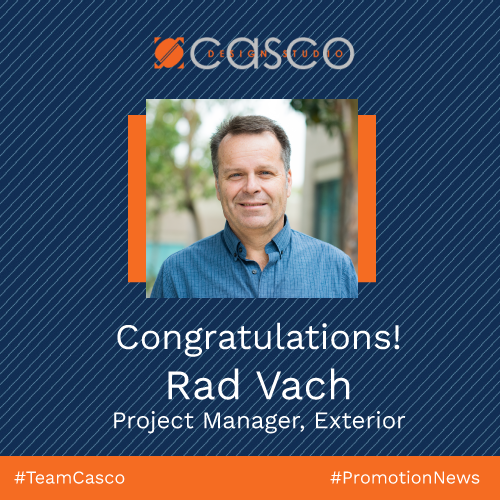 cascocontllc's tweet photo. A big congratulations to Rad Vach, who has been promoted to Project Manager, Exterior at Casco Design Studio. Rad's been a part of the Casco family since 2013 and is our go-to expert on all things related to exterior site design and ADA compliance. Bravo! #TeamCasco https://t.co/7ioYXZgED3