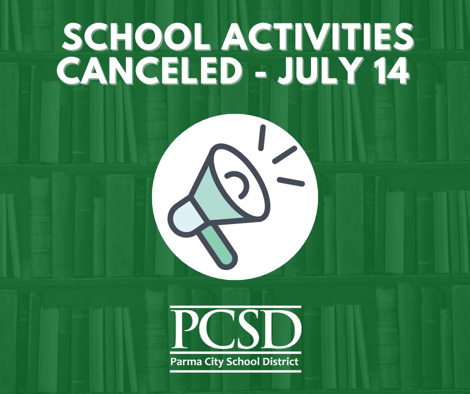 ParmaSchools's tweet image. All daytime district activities are canceled for today, July 14, 2022. This includes the summer feeding program, sports practices/camps &amp;amp; band activities/camps. 
We are planning to hold summer movie nights at Byers Field as well as the regular meeting of the Board of Education.