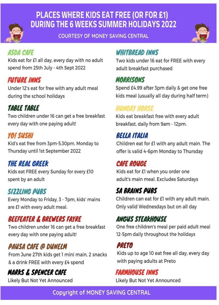 📣The following cafes/restaurants are offering kids eat for free (or £1) in Leeds during the summer holidays. 

🥪🧁🍌

See the poster for more details  ⬇️ #moneysaving #Share