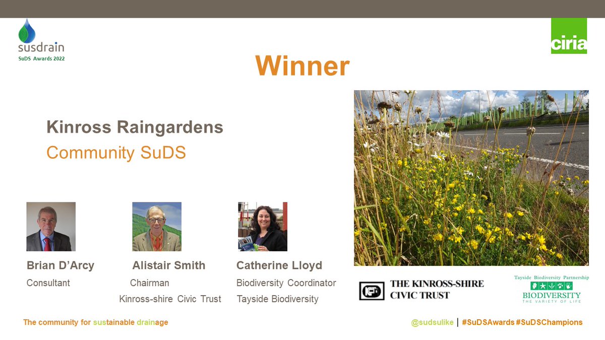 'Community SuDS' award goes to Kinross Raingardens - a grass roots initiative. Congratulations to all those involved! #SuDSAwards