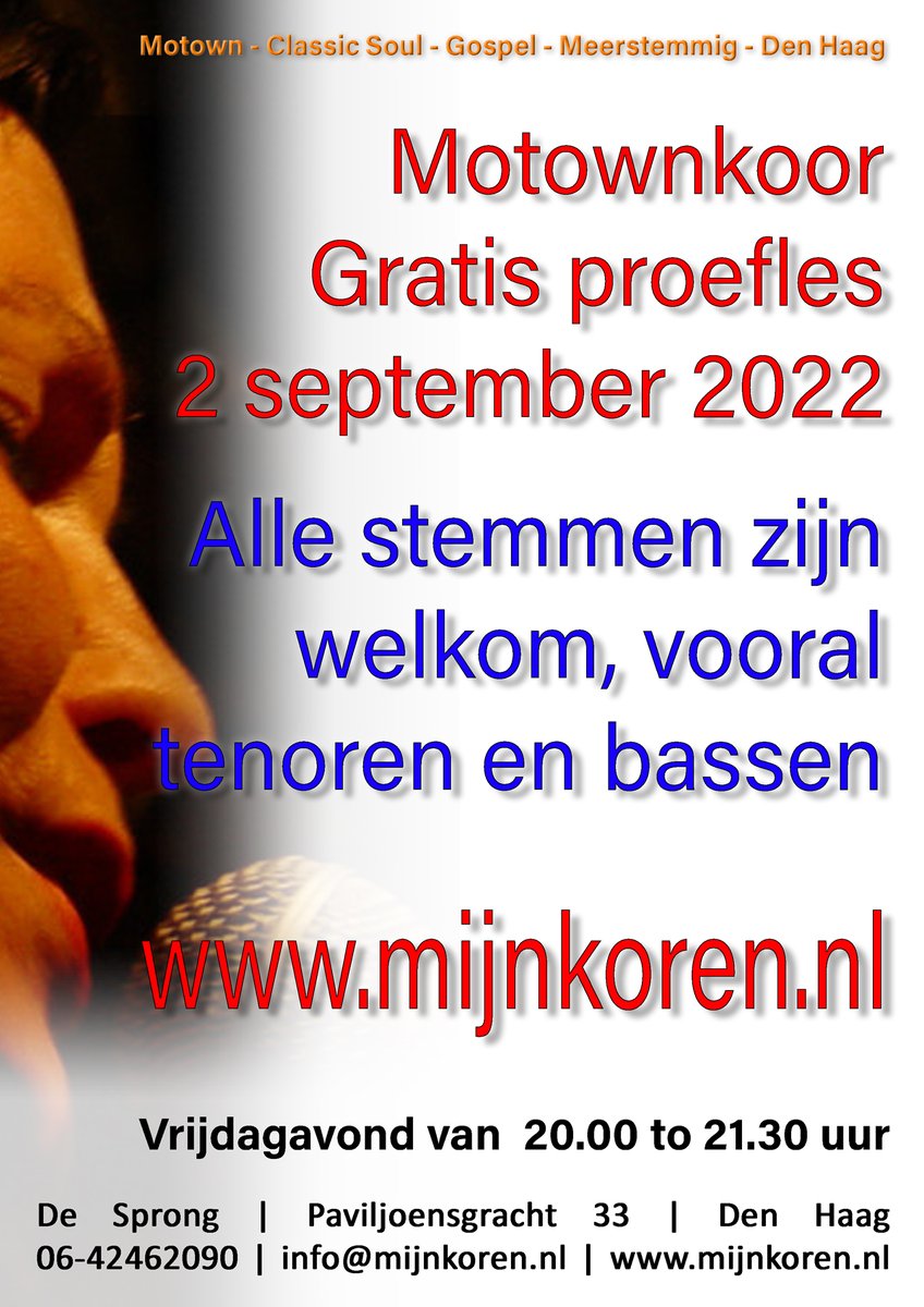 ajvdn's tweet photo. https://t.co/2nrk6vIedu

Maak kennis met het #Motown &amp; Classic #Soulkoor, vrijdag 2 september 2022 tussen 20:00 en 21:30.

We zingen Motown, classic #soul en #gospels meerstemmig.

De Sprong | #denhaag | Paviljoensgracht 33 https://t.co/oUCP9GCIt0