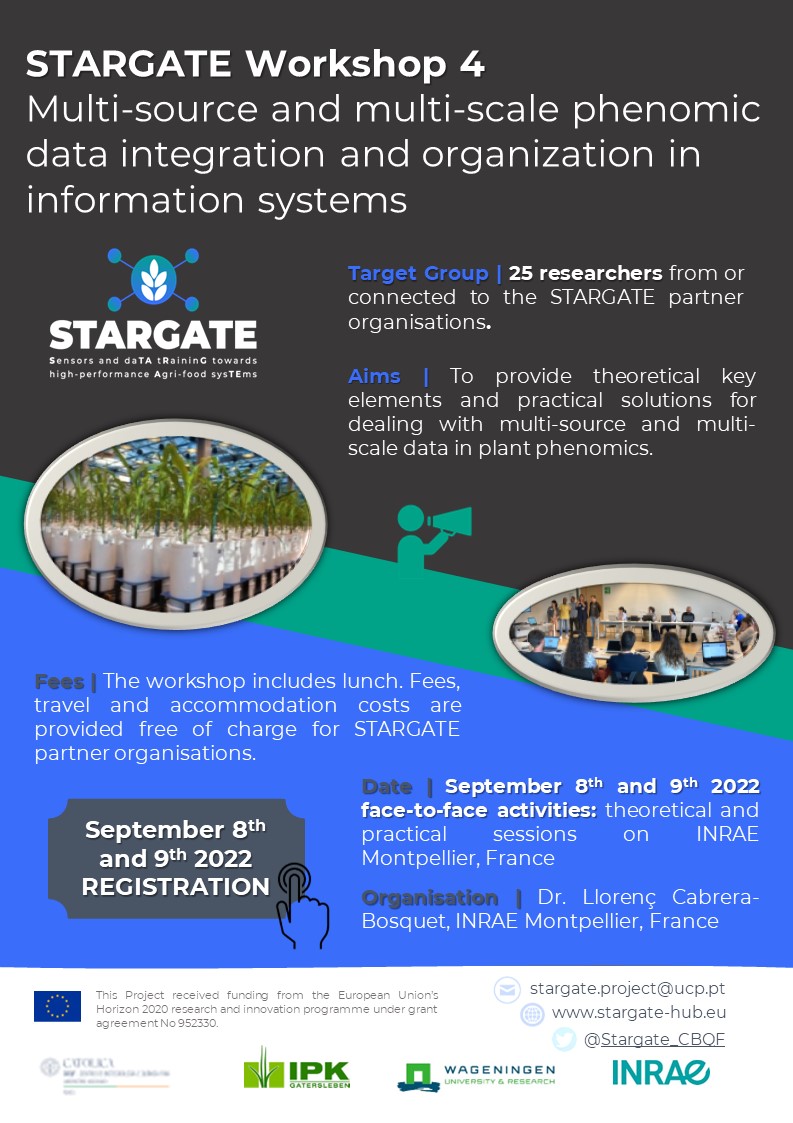 Stargate_CBQF's tweet photo. The STARGATE project, through its partner INRAE Montpellier, is organising the fourth Workshop in the topic of phenomic data integration and information systems on September 8th and 9th 2022
APPLY NOW!! ---->https://t.co/CkjCWnqZwE
The deadline for applying is Wednesday 27th July https://t.co/VNTeApI53b