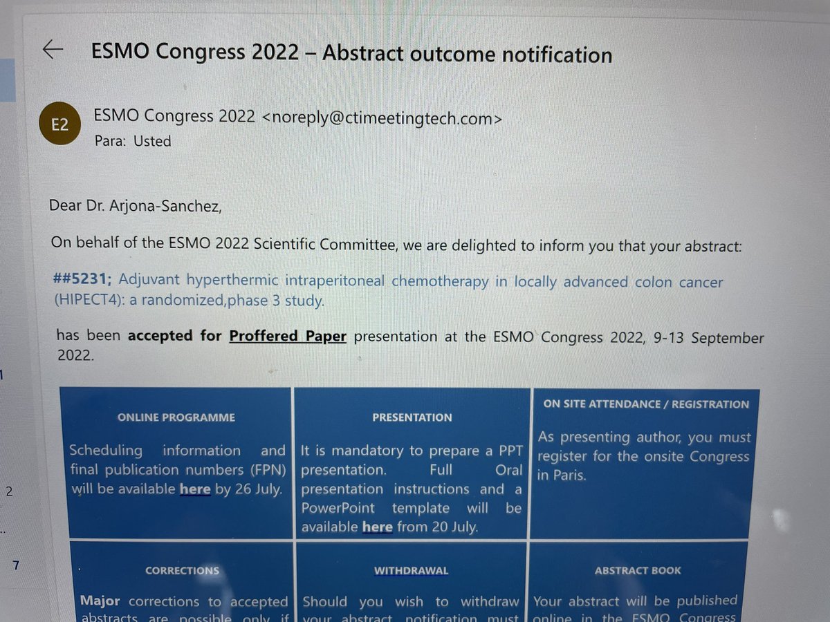I am pleased to@announce that our study HIPECT4 leaded by <a href="/HUReinaSofia/">Hospital Universitario Reina Sofía</a> will be showed in oral presentation in <a href="/myESMO/">ESMO - Eur. Oncology</a> 2022 in París and  <a href="/ESSOnews/">European Society of Surgical Oncology (ESSO)</a> 2022 in Bordeux , these results could modify the management of T4 colon cancer <a href="/operarelcancer/">SEOQ | Los cirujanos del cáncer #operarelcancer</a> <a href="/aecirujanos/">aecirujanos</a> <a href="/SPeritoneum/">SoMe4Peritoneum</a> <a href="/_SEOM/">SEOM</a>