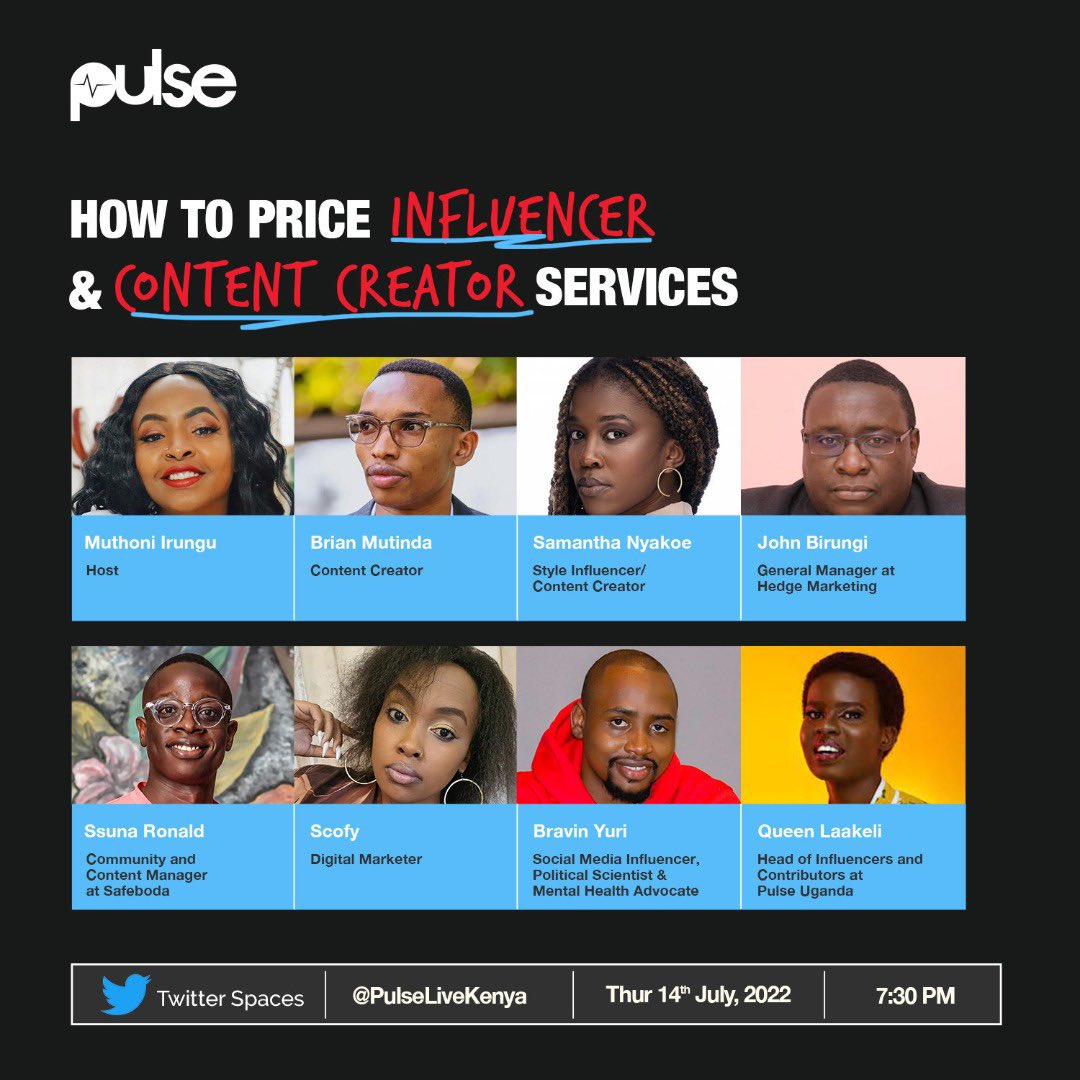 OfficialSsuna's tweet image. Hey guys, tonight I will be joining fellow industry practitioners from Uganda &amp;amp; Kenya in digital marketing to discuss about the business of Influencer marketing &amp;amp; Content creation. 

#PulseSpace

Time: 7 PM East African Time. Cheers!