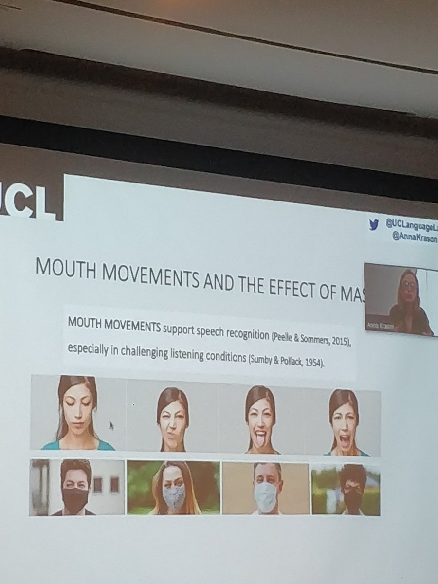 Jonas Nölle @jn@fediscience.org (@jonasnoelle) on Twitter photo <a href="/AnnaKrason/">Anna Krason</a> <a href="/UCLanguageLab/">Language&Cognition</a> asks Does masking mouth movements affect comprehension? Face to face interaction are multifaceted and multimodal:
What we know about mouth movements is that they support speech recognition and that wearing mask can make processing more effortful #isgs9 <a href="/AnnaKrason/">Anna Krason</a> <a href="/UCLanguageLab/">Language&Cognition</a> asks Does masking mouth movements affect comprehension? Face to face interaction are multifaceted and multimodal:
What we know about mouth movements is that they support speech recognition and that wearing mask can make processing more effortful #isgs9