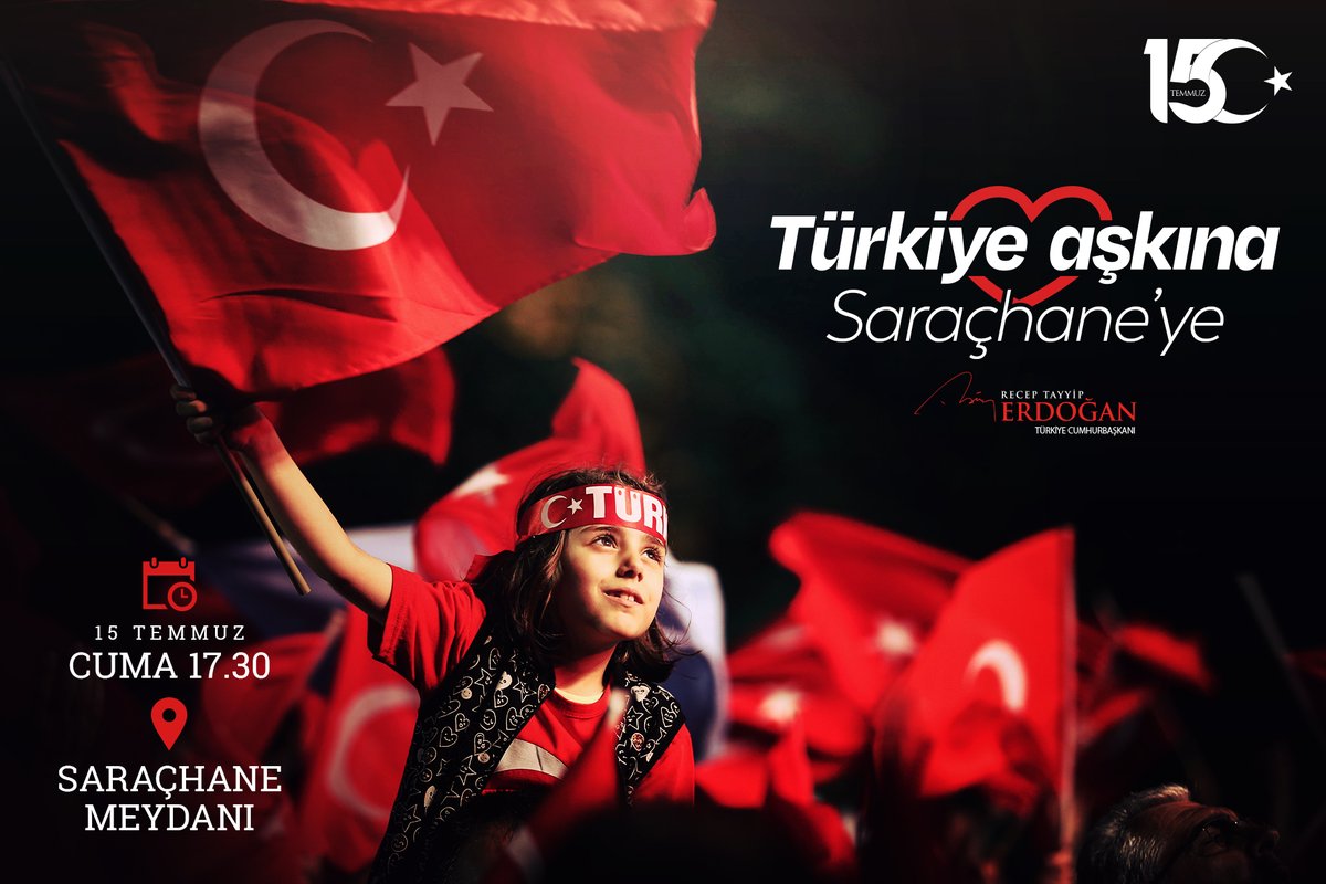 Darbe girişiminden büyük bir destana tebdil ettiğimiz, vatanımıza uzanan habis elleri boşa çıkardığımız 15 Temmuz’un yıl dönümünde İstanbul Saraçhane Meydanı’nda olacağız.

Şanlı mücadelemizi ve aziz şehitlerimizi yâd edeceğimiz buluşmamıza tüm vatandaşlarımı davet ediyorum. 🇹🇷