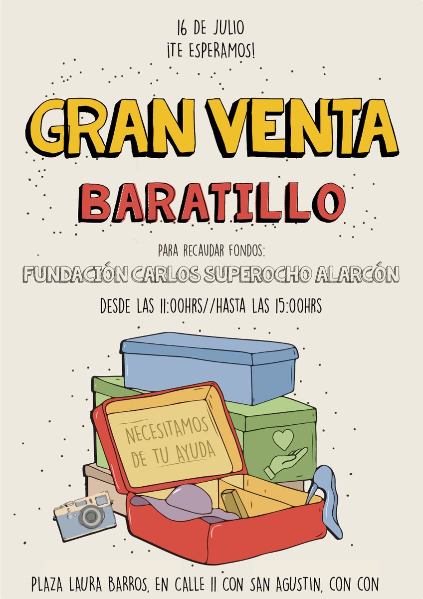 📣 Atención #Concón
Este sábado 16 de Julio se realizará un baratillo que busca recaudar fondos para #FundaciónCarlosSuper8Alarcón y que se desarrollará en la Plaza Laura Barros, ubicada en calle 11 esq. San Agustín en Concón en horario de 11 a 15 hrs.

¡Todos a sumarse!