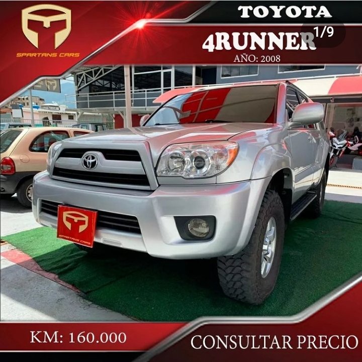 Marca: Toyota 
Modelo: 4 Runner
Año: 2008
Transmisión: Automática Kilometraje: 160.000 
Color: Plata 
Único dueño: no A/A: Si. Detalles de mecánica:No Detalles de tapicería: No Detalles de pintura: No Ubicación: Caracas
#Caracas #Venezuela #Toyota #Compras #Ventas #Carros