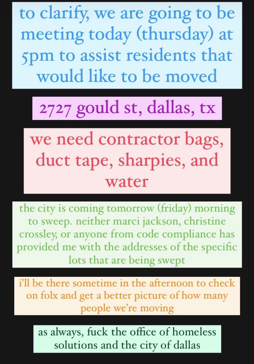 Call to Action, Dallas! 

This is a camp we serve. They are being swept tomorrow, and they need help.