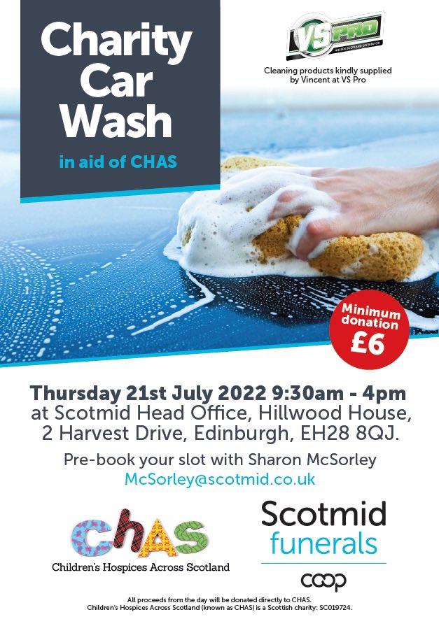 Scotmidfunerals's tweet photo. One week today we will be holding a charity car wash for @supportCHAS. Simply donate £6 to get your car washed (exterior only) and help support an amazing cause! We ask that you pre-book your slot if possible. #Charity #chas #Edinburgh https://t.co/DZQHXgOVGl