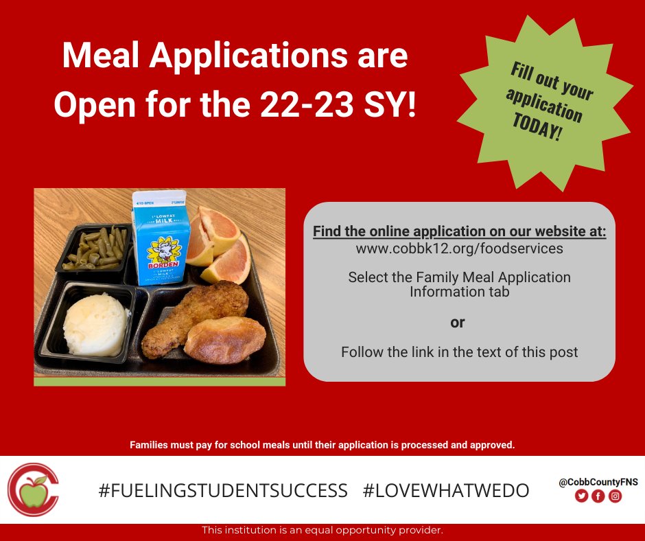 Meal Applications are now open for the 22-23 SY
 
We encourage you to complete it before the craziness of the school year begins.✍️

Fill out our online meal application at ow.ly/wGt650JR2G5
