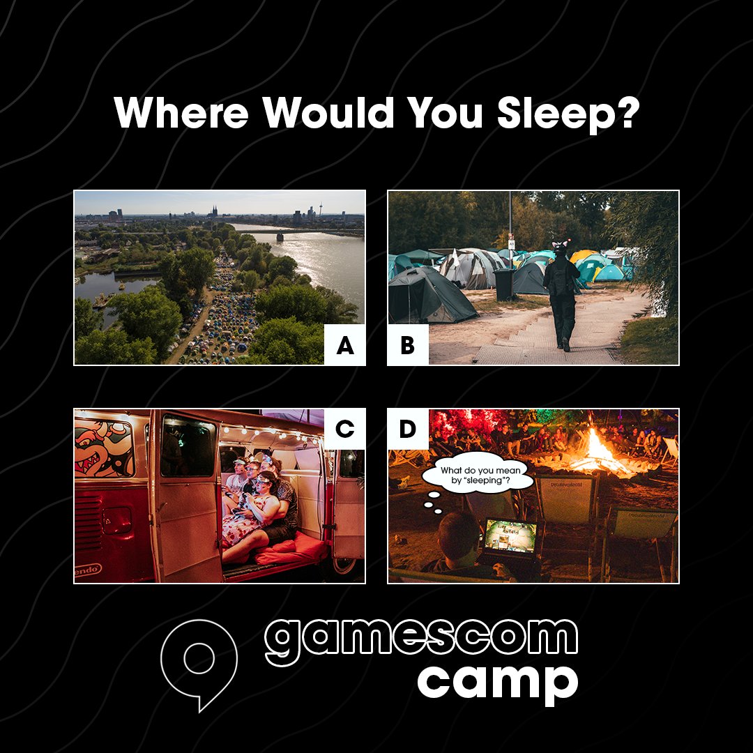gamescom's tweet photo. After a long day at the world's largest computer and video games event, where would you sleep?

At #gamescomCamp you get plenty of options! If you're planning to sleep at all, that is 😏 https://t.co/V0dbCigbQX