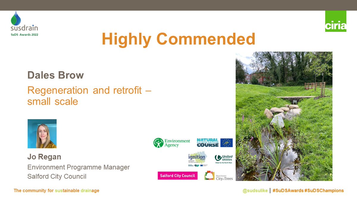 Highly commended award in 'Regeneration and retrofit - small scale' category goes to Dales Brow - Congratulations! #SuDSAwards