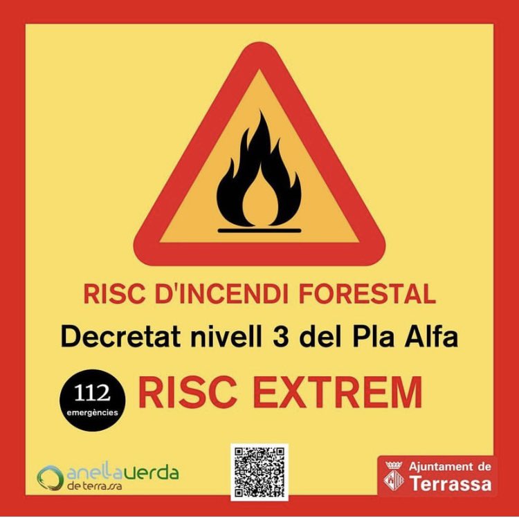 trsmediambient's tweet photo. La Generalitat activarà, a partir de les 00.00 h d'avui i fins dilluns, el Pla Alfa nivell 3, a Terrassa. Això comportarà la prohibició d'accedir al parc natural de Sant Llorenç i els camins de l'Anella Verda, on es col·locaran cartells recordant aquestes restriccions. https://t.co/uccFlG2S8K