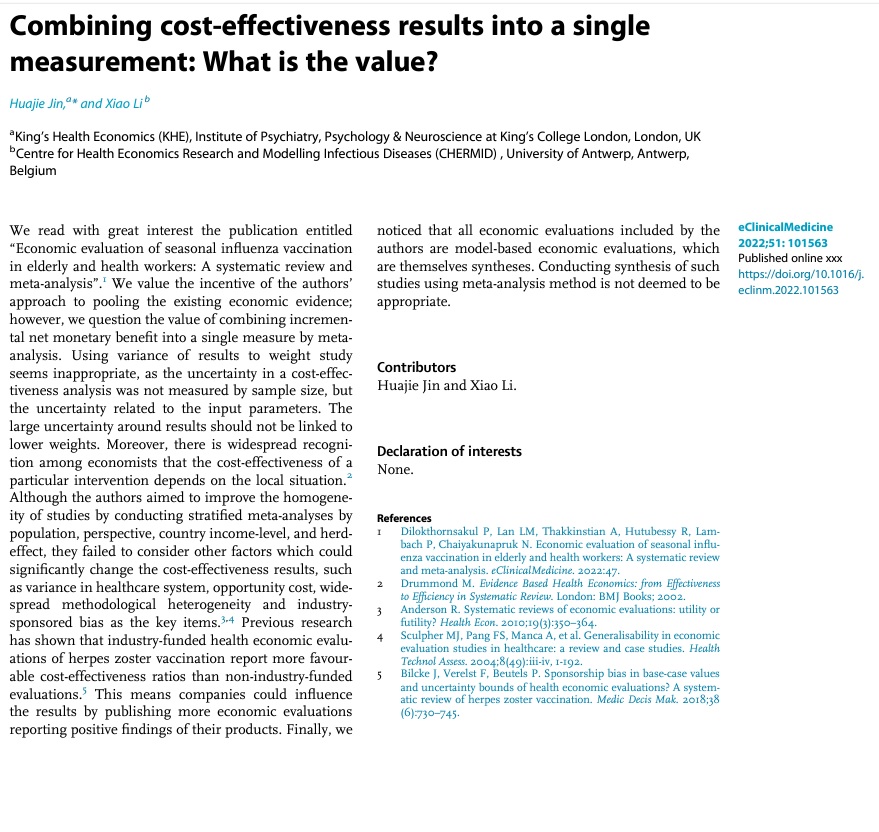 Lily Huajie Jin (@jinhuajiehotma1) on Twitter photo Is it a good idea to conduct meta-analysis for economic evaluations? Check our letter to the editor which was published on <a href="/eClinicalMed/">eClinicalMedicine – The Lancet Discovery Science</a> (sciencedirect.com/science/articl…) and let me know what you think. @KHE_Kings <a href="/KingsHSPR/">HSPRD IOPPN</a> Is it a good idea to conduct meta-analysis for economic evaluations? Check our letter to the editor which was published on <a href="/eClinicalMed/">eClinicalMedicine – The Lancet Discovery Science</a> (sciencedirect.com/science/articl…) and let me know what you think. @KHE_Kings <a href="/KingsHSPR/">HSPRD IOPPN</a>