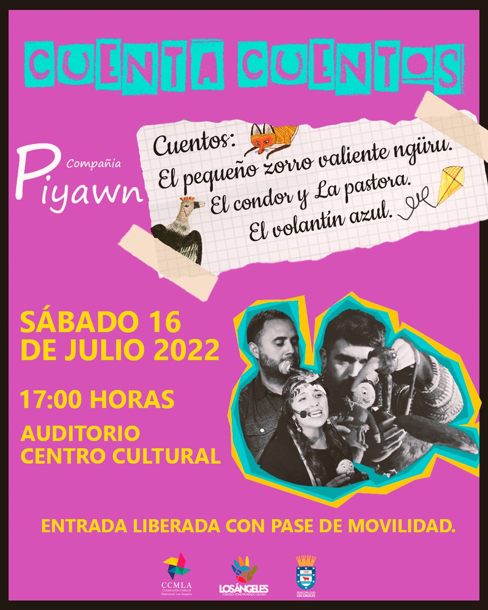 ccmlosangeles's tweet photo. 📣PANORAMA INFANTIL PARA ESTE FIN DE SEMANA EN LA CCMLA 
#PanoramaGratuito #CuentaCuentos #CCMLA2022 🙂🎭✨Llega un nuevo panorama infantil para este fin de semana en  #LosÁngelesCL.  
@munilosangeles 
@angelino_cl 
@latribunacl https://t.co/cz5U9PMtRE