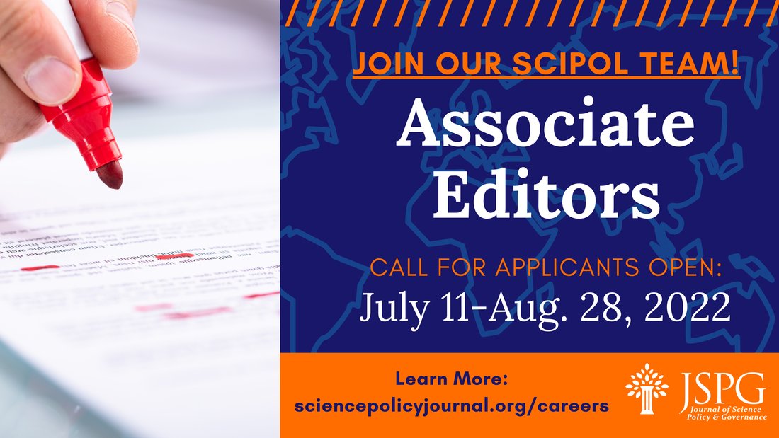 Interested in #SciPol, have #writing experience, and currently a #GraduateStudent, #PostDoc, or #PolicyFellow? <a href="/SciPolJournal/">Journal of Science Policy & Governance (JSPG)</a> is looking for Associate Editors! This is a one-year, #PartTime opportunity. 

More information here: bit.ly/JSPGCAREERS

#SciComm #JSPG