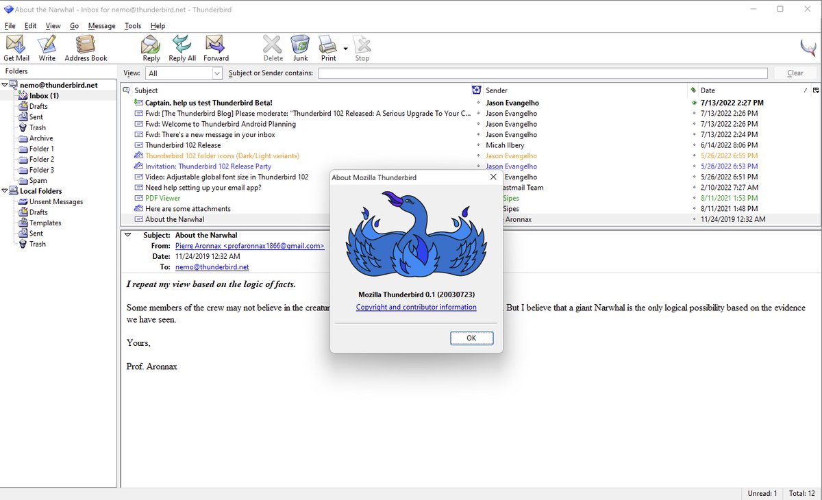 Let's have a PROPER #ThrowbackThursday post. Is that still a thing? 😀

This is Mozilla Thunderbird version 0.1 (freshly installed on a Windows 11 VM!), released July 28, 2003. 

Who used it? ✋