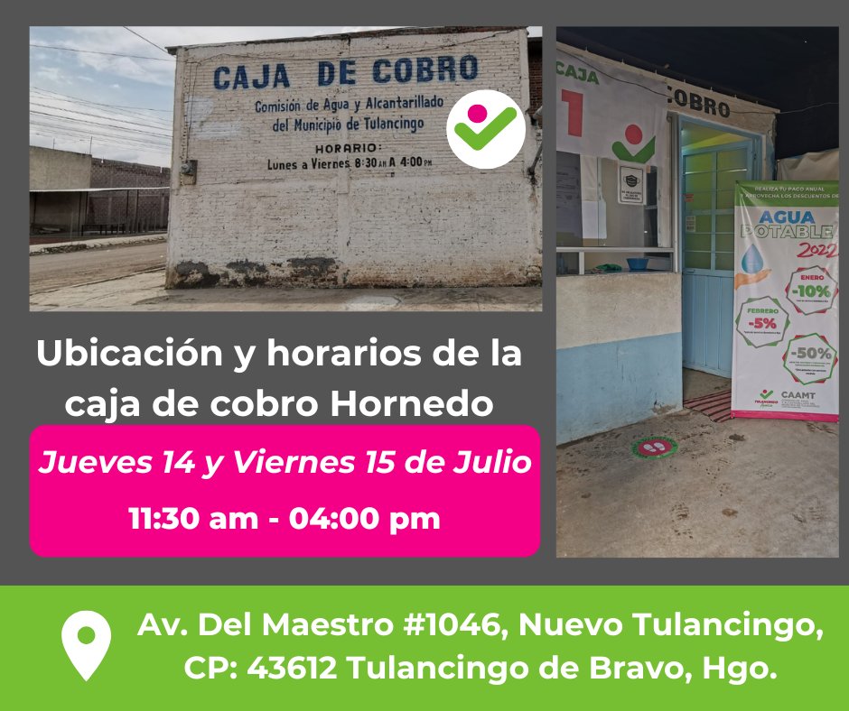 CAAMT_Tgo's tweet photo. Caja de cobro Hornedo, una de las opciones para realizar el pago de tu servicio de agua potable, Realiza tu pago.
@MarquezAJorge
@TulancingoMpio
#TulancingoAvanza
#CAAMT https://t.co/8wnssLRWNc