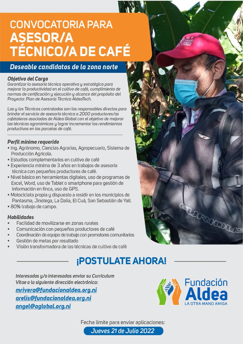 FundacionAldea's tweet photo. #FundaciónAldea está en la búsqueda de Asesores Técnicos en Café!

Si cumples con los requisitos 👇🏼envíanos tu CV a los correos:
angel@aglobal.org.ni
arelis@fundacionaldea.org.ni
mrivera@fundacionaldea.org.ni
#Convocatoria cierra 👉🏼 21 de Julio de 2022 👈🏼 https://t.co/MloqdYbt4F