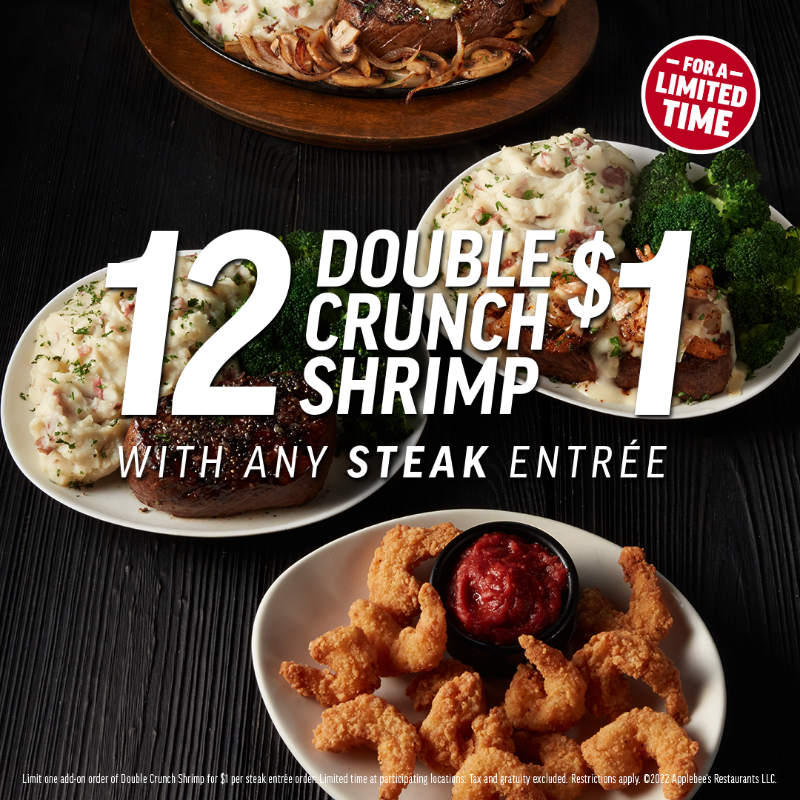 Applebees's tweet photo. Collect that pocket change because $1 gets you 12 Double Crunch Shrimp with any steak entrée!