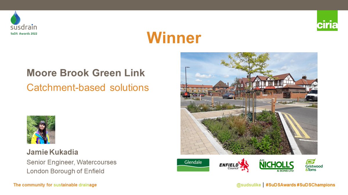 Winner of 'Catchment-based solutions' is Moore Brook Green Link - congratulations to all those involved <a href="/EnfieldCouncil/">Enfield Council</a>. #SuDSAwards