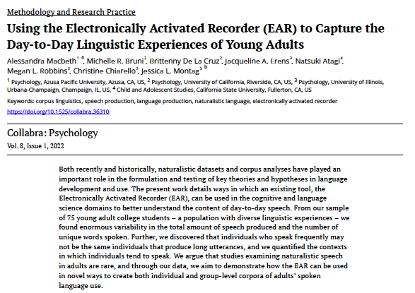 JessicaLMontag's tweet photo. Quick! What are the 5 most frequent words spoken by college students? If you're interested in the answer, check out my new paper w/ collaborators at UC Riverside that uses the EAR (Electronically Activated Recorder) to collect naturalistic speech samples from college students 1/8 https://t.co/rvENvL8B6x