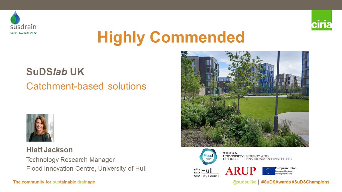 Delighted to see SuDSlab UK awarded highly commended in the 'Catchment-based solutions' category. Congratulations <a href="/floodinnovation/">Flood Innovation Centre</a>. #SuDSAwards
