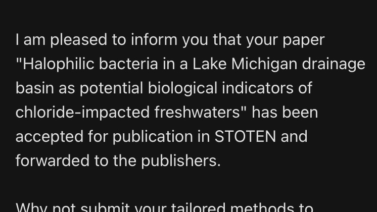 LexiLikesLakes's tweet photo. Our paper is in route for publication @STOTEN_journal !! From what was once a small idea with 100+ questions in my head… to now on paper has made this an experience one to remember. #bacterialindicators #chloridepollution https://t.co/dLyD6kal45