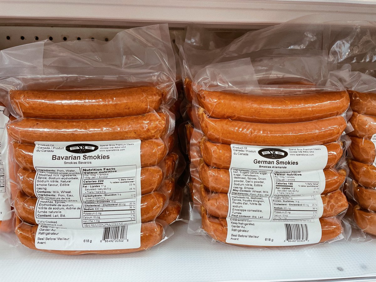 SpenstBros's tweet photo. Good Morning Friends! 

Fresh smokies are back in stock! We currently have the following varieties available:

Bavarian: classic salt &amp; pepper flavour
German: Garlic flavour
Mexican: Black bean &amp; Cheese
Jalapeno &amp; cheese: Our spicy variety- jalapenos with cheddar cheese https://t.co/qc1PapS1T9