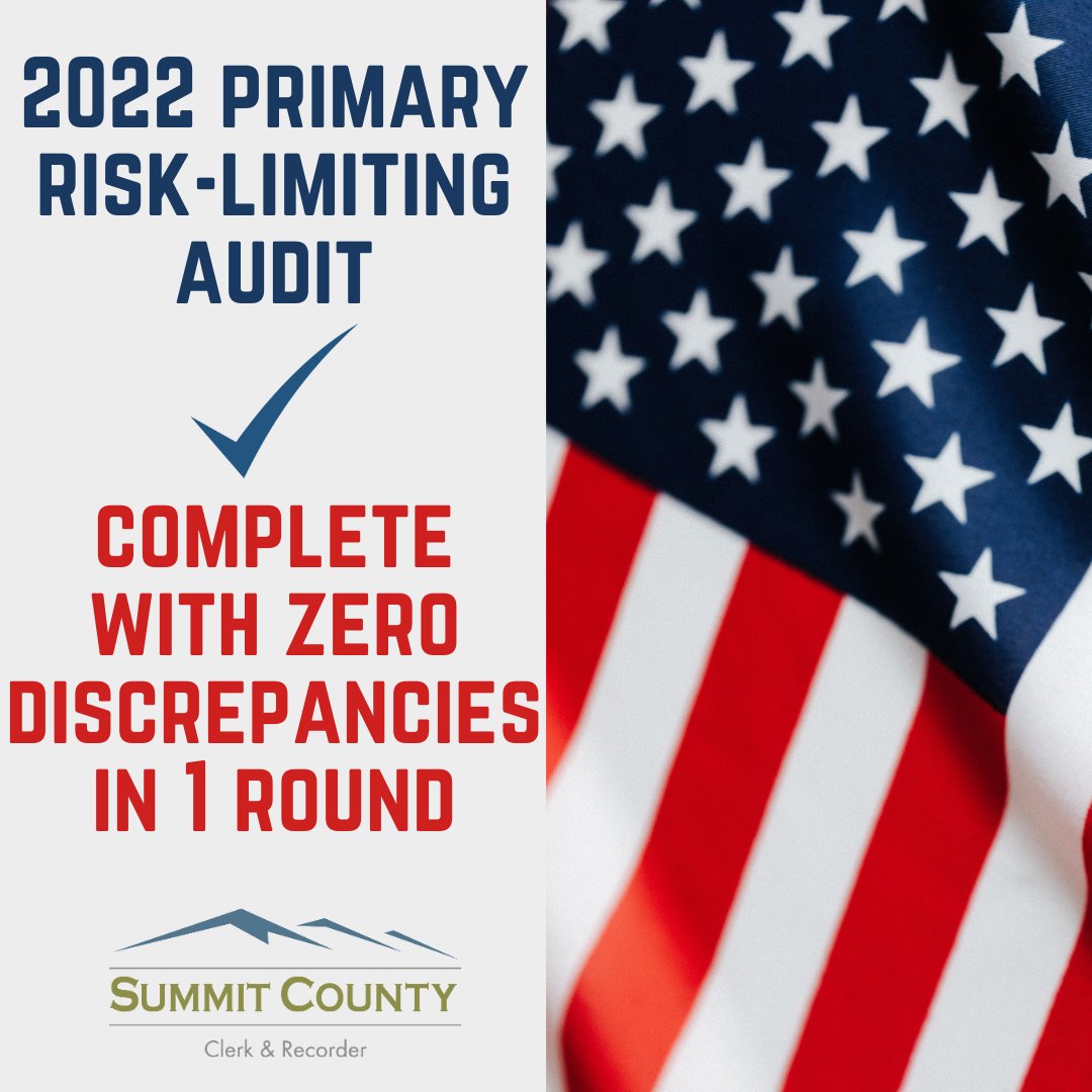 summitclerk's tweet photo. Summit County Election Judges once again proved themselves in their ballot processing.  After 1 round of the 2022 Primary Risk-Limiting Audit that takes place after each election, Summit reported 0 discrepancies on any of the randomly selected ballots.  #summitvotes #corla #rla https://t.co/76aWnx4hMo