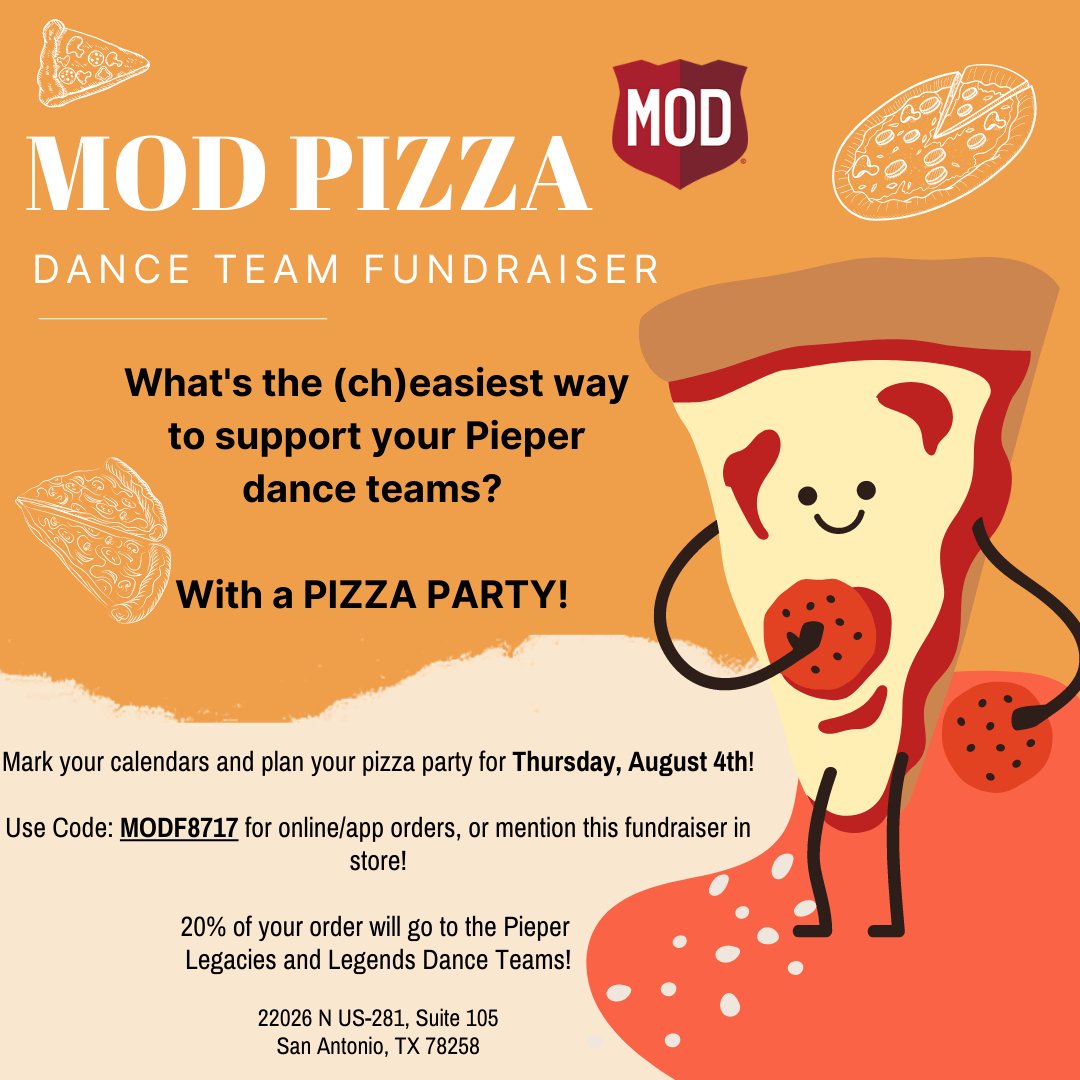 PHS_DanceTeams's tweet photo. Plan it now! Grab some games, a movie, and definitely some MOD Pizza on August 4th! 20% of sales will go back to support the PHS Dance Teams! 
Use code: MODF8717 or mention this fundraiser in store! 

https://t.co/O6fvQJ2ktW https://t.co/iBGEyRfepS