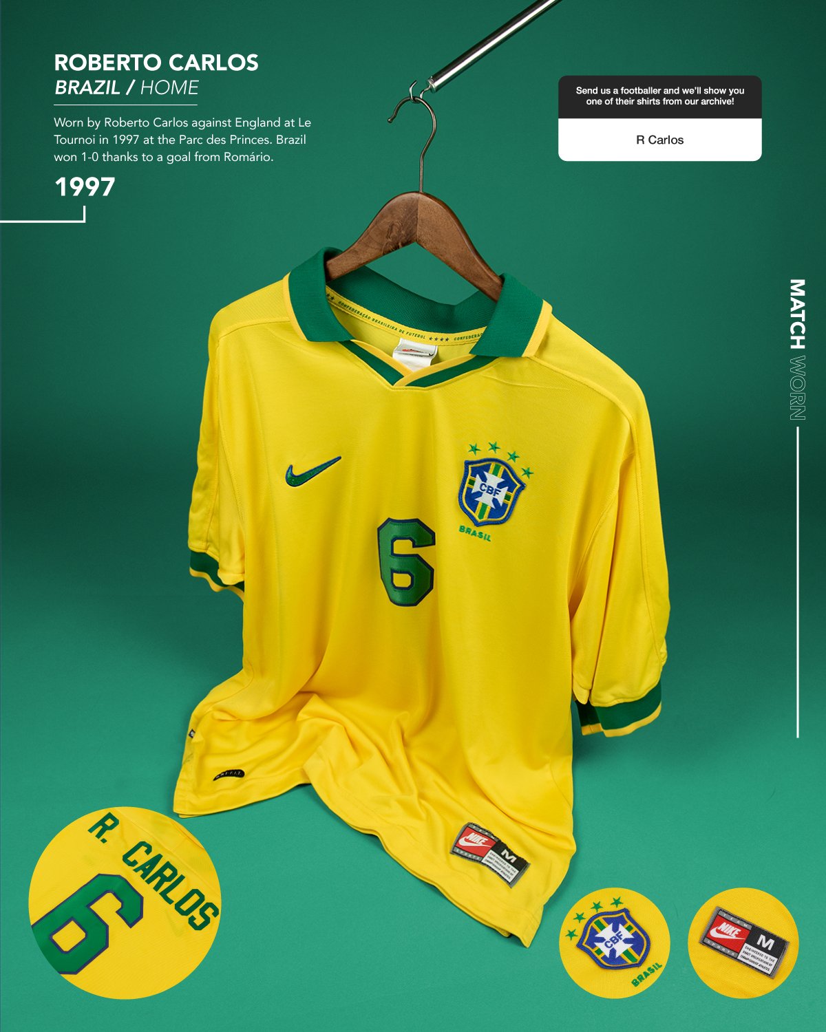 Classic Football Shirts on X Match Worn Gold Roberto Carlos Worn by Roberto Carlos against England at Le Tournoi in 1997 at the Parc des Princes. Brazil won 1 0 thanks
