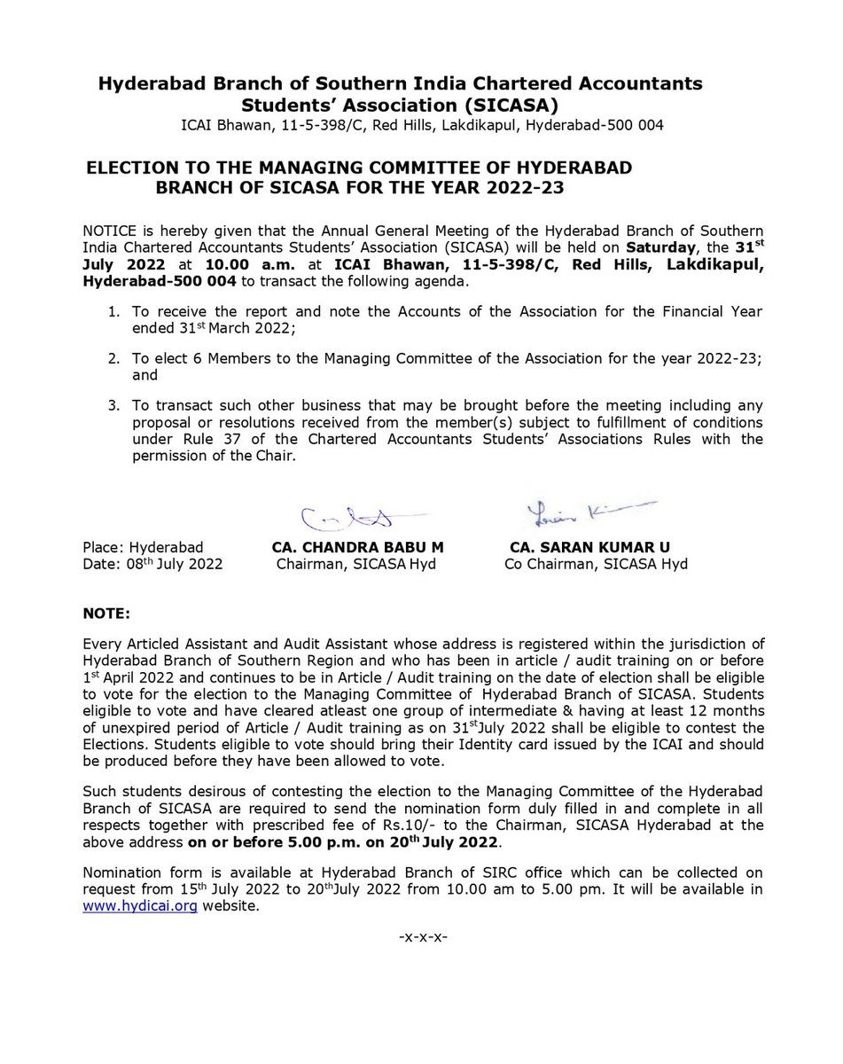 SICASAhyd's tweet photo. NOTICE: *"ELECTION OF THE MANAGING COMMITTEE" for the HYDERABAD BRANCH OF SICASA for the year "2022-23".* 
Nomination form can be collected from Hyderabad branch website of ICAI @ https://t.co/z8eecQHGiJ under SICASA Announcements.
*Last day to submit Nomination form is 20th July https://t.co/3ZltcswYBE
