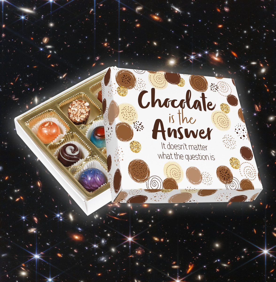aspecialtybox's tweet photo. We took a deeper look at the new images of space and found the answer to all our questions. 🌟
Like and RT if you agree!
#webbspacetelescope #nasa #webbseesfarther@nasawebb #spacememe #chocolateistheanswer #chocolatebox #giftbox #chocolatetray #candytray #chocolateboxes https://t.co/qRlNUnrt5g