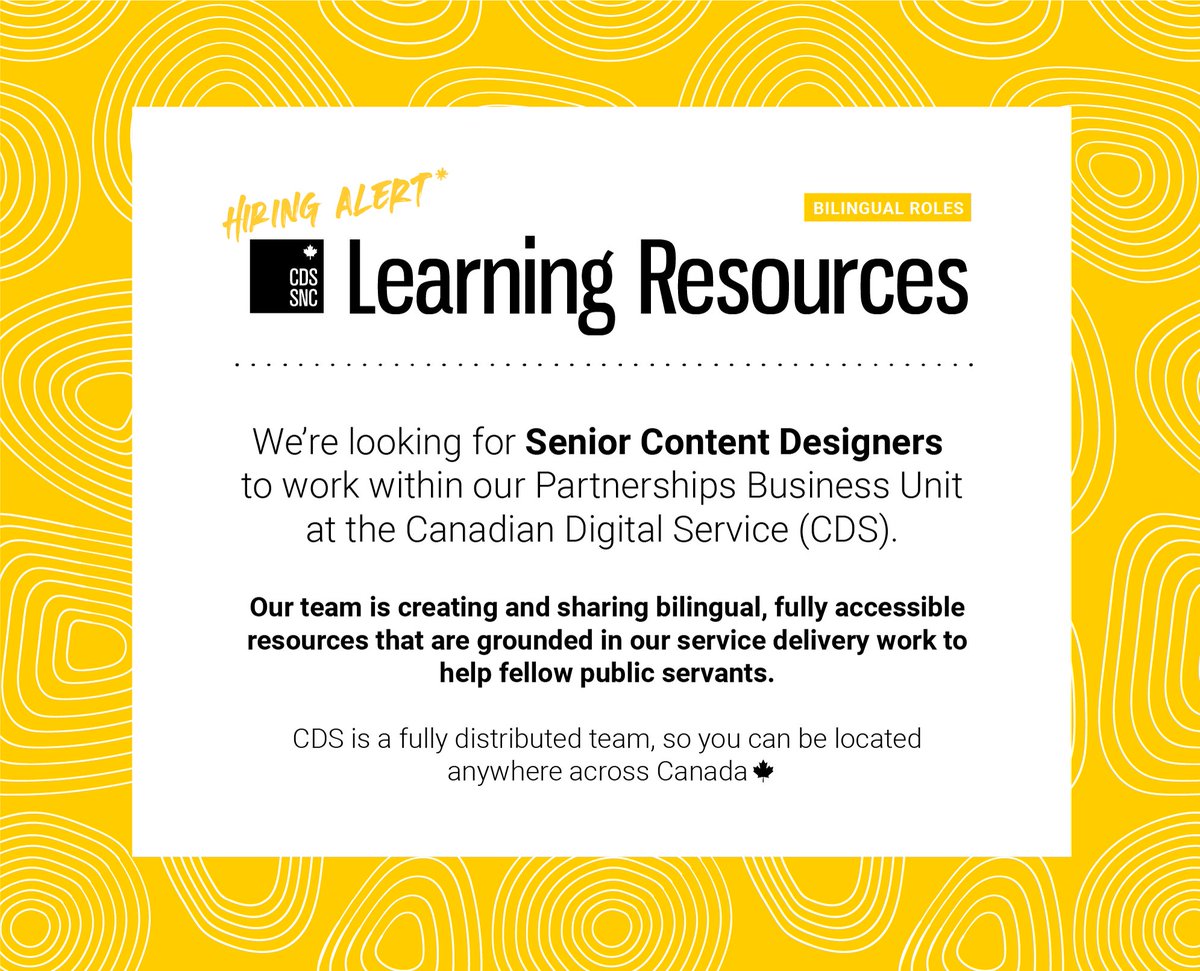 We’re hiring Senior Content Designers to join our Partnerships Business Unit at <a href="/CDS_GC/">Canadian Digital Service (CDS)</a>✨

📌 If you have a passion for inclusive information design, knowledge management, and the bilingual learning experience – check out the details: digital.canada.ca/careers/positi…

#GCdigital #GCjobs