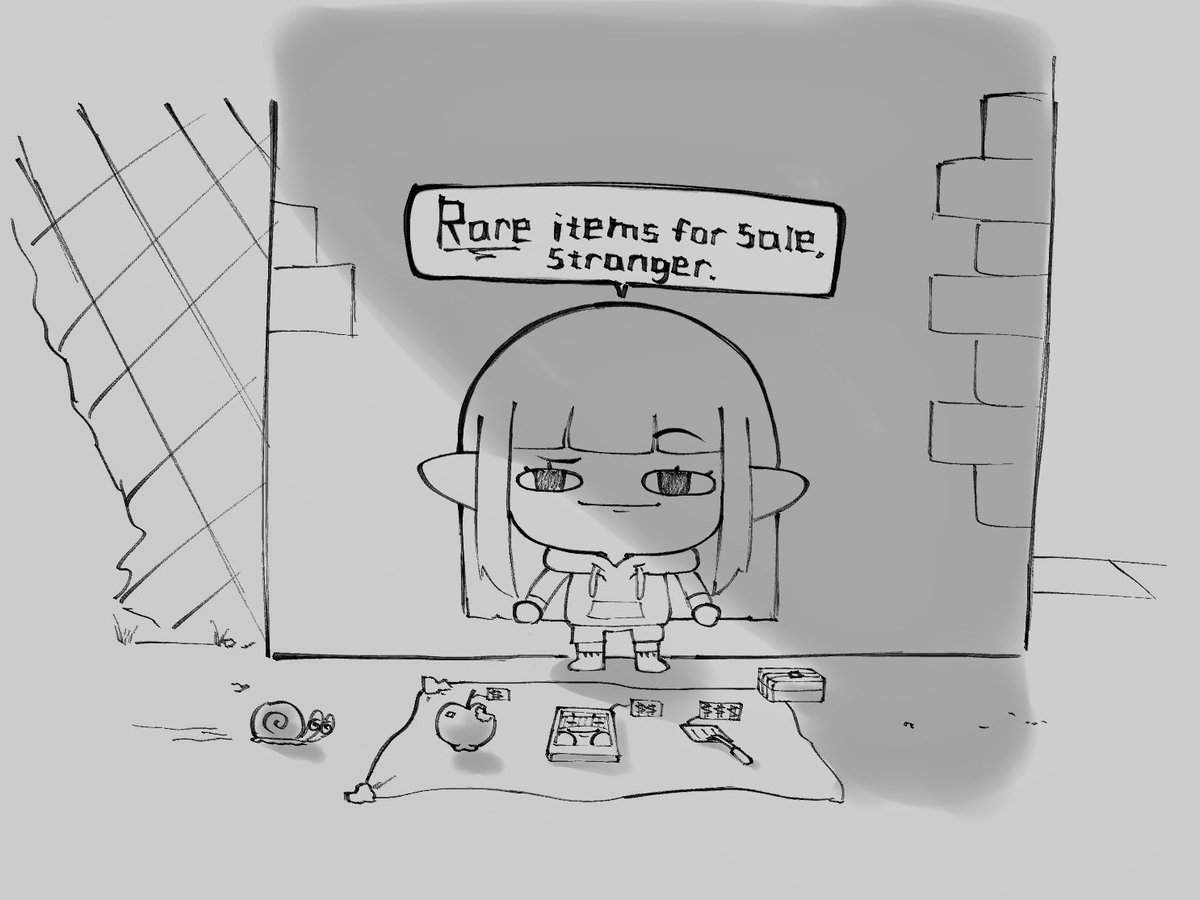 Rin_pls's tweet image. You take a shortcut and find a gremlin thing peddling junk in the alley next to your house.